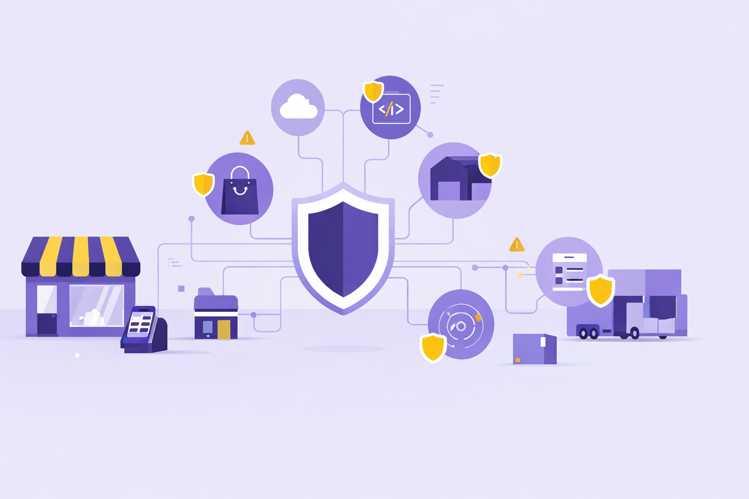 Illustration of C-SCRM in retail showing a secure network connecting storefront, POS, ecommerce, and logistics vendors.