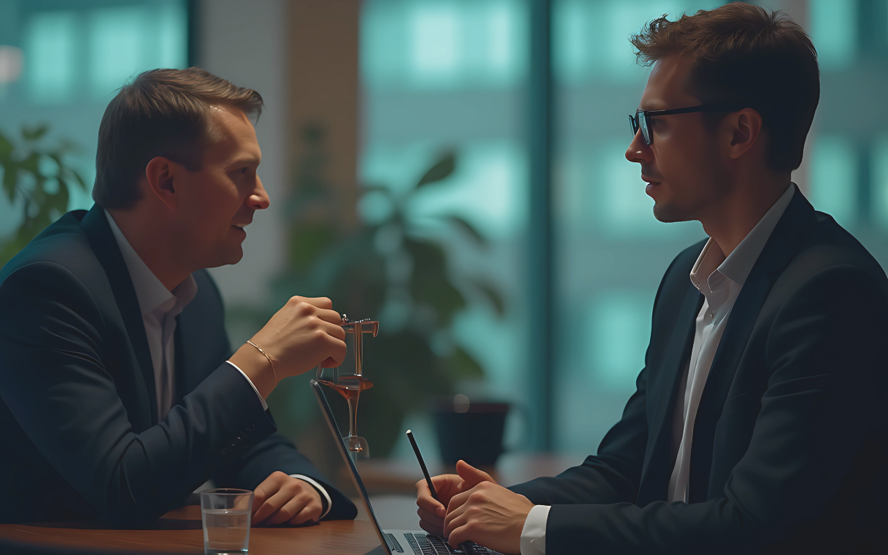 Two business professionals in formal attire discussing cybersecurity strategy in a modern office setting, with a laptop and hourglass on the table.