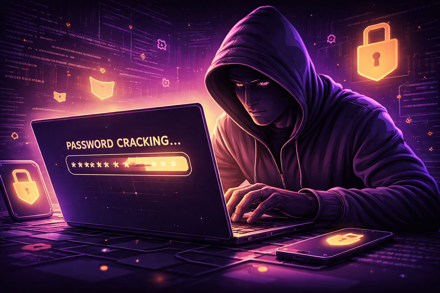 Illustration of a hacker attempting password cracking on a computer, showing a locked password being targeted by cyber attackers.